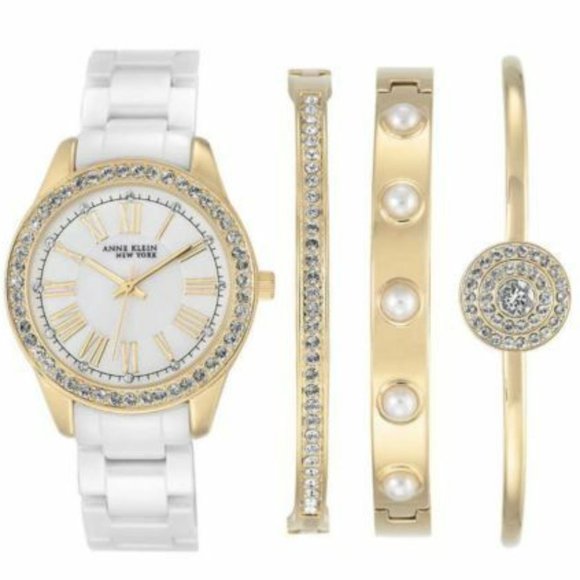 Anne Klein Ceramic Gold Tone Watch Bracelet Set